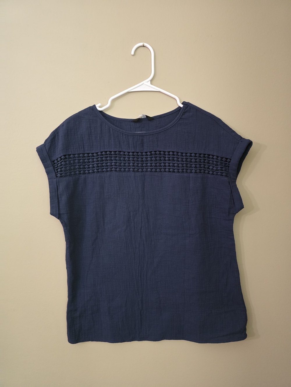 Navy Short-Sleeve Blouse Navy Blue  100% cotton Women Size S